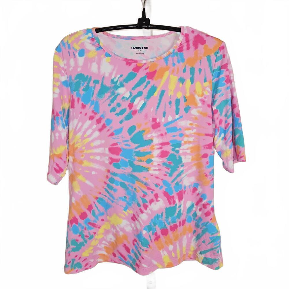 Lands' End Women's Tie-Dye Top - Colorful 3/4 Sleeve Shirt